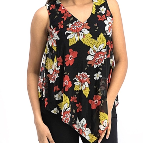 Alfani Tops - Alfani Red Floral Asymmetrical Sheer Overlay Tank Top Petite Size Large